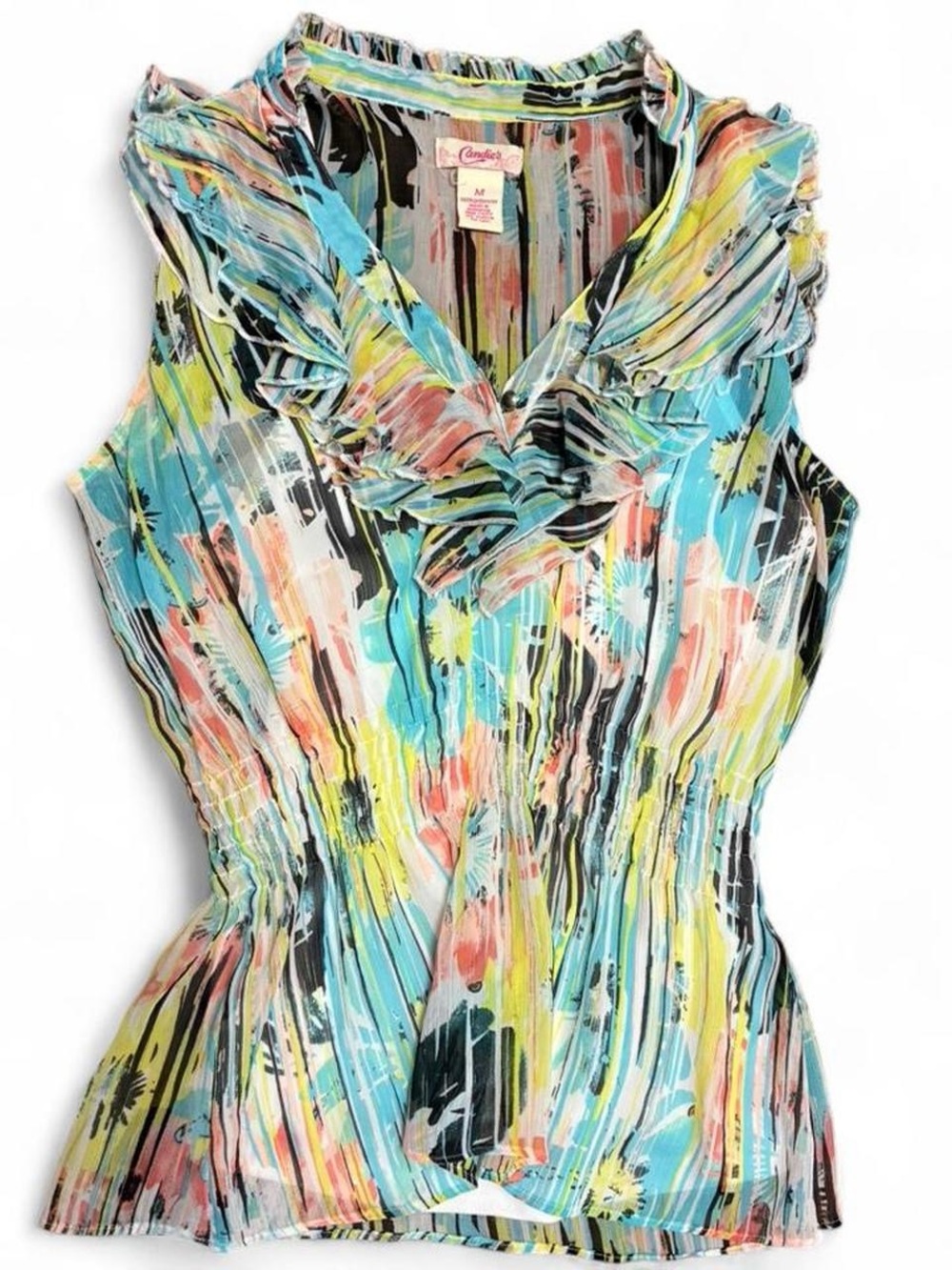 Candie’s Abstract Ruffle Sleeveless Blouse Y2K Sheer Career